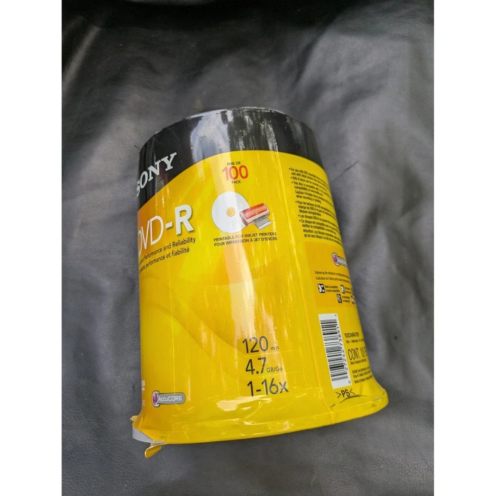 Sony 100 Pack DVD-R 4.7GB 120min 1-16x Inkjet Printable Blank MediaSpindle New